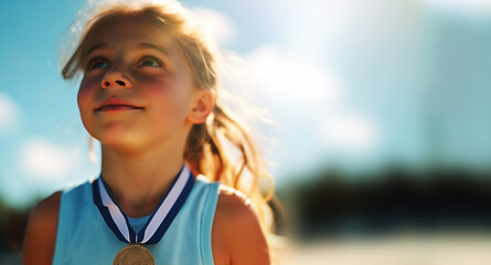Cheerful little sports girl celebrating the win wearing a gold medal. Proud child athlete champion first place gold medal around her neck. Sports kid,success,win concept