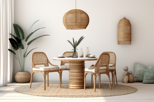 A minimalist home decor template consisting of a boho and comfortable dining room area. It features a round family table, rattan chairs, a stylish pendant lamp, a commode, a carpet, decorative items