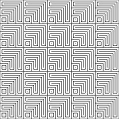 Seamless Chinese window tracery pattern design. Repeated white squares and angle brackets on black background. Interlocking polygons tessellation wallpaper. Ethnic flooring motif. Digital paper art.