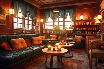 Inviting Coffee Shop with Cozy Background: Soft Lighting, Comfy Seating & Relaxed Vibes, generative AI