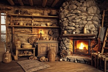 Cozy Mountain Retreat: Rustic Cabin Interior with Fireplace and Warm Wooden Accents, generative AI