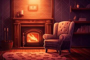 Cozy Background: Crackling Fire, Comfy Armchair, Relaxation and Comfort in a Warm Ambiance, generative AI
