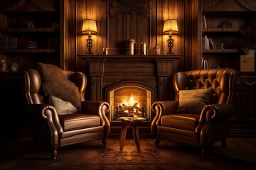 Cozy Relaxation: Warm Fireplace, Cozy Armchairs, Soft Lighting, generative AI