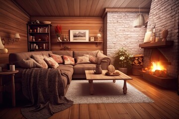 Comfortable Relaxation: Warm and Inviting Living Room with Crackling Fireplace and Comfy Sofa for a Cozy Background, generative AI