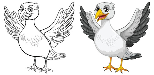 Naklejka premium A vector cartoon illustration of a seagull standing with open wings, isolated on a white background