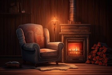 Cozy Armchair and Warm Fireplace: Experience Comfort and Relaxation with a Crackling Fire, generative AI