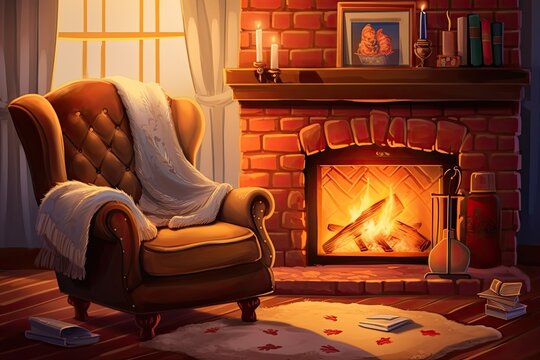 Relaxing Comfort: Cozy Background with Warm Fireplace, Crackling Fire, and Cozy Armchair, generative AI