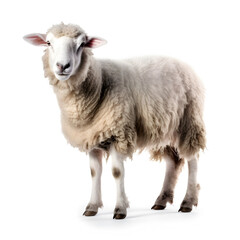 Side view of a Sheep looking at camera against white background.