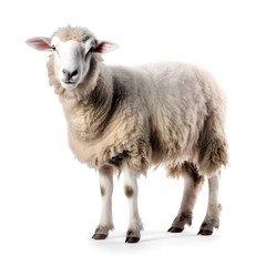 Fototapeta premium Side view of a Sheep looking at camera against white background.
