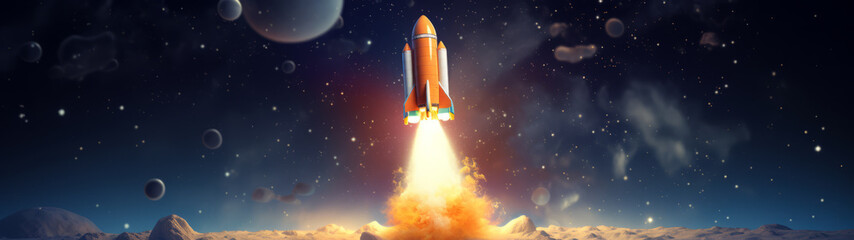 Spaceship takes off from planet background panorama.