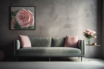 A little pink rose velvet sofa is in the living room. For a gray concrete or microcement texture, use plaster. vase, small black table, and decorations. minimalist interior design. Generative AI