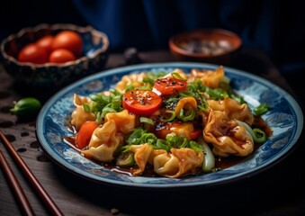 Fried Wontons stir fried with vegetables and served on a blue porcelain plate