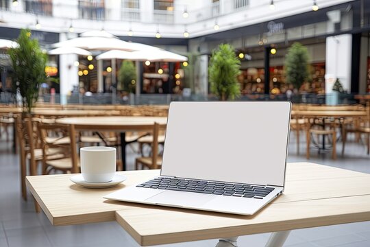 A mockup of a laptop with a white blank screen is seen on a wooden table against a bright mall background. Generative AI
