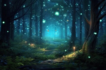 Fototapeta premium Mystical Creatures and Glowing Fireflies Illuminate Enchanting Moonlit Forest, generative AI