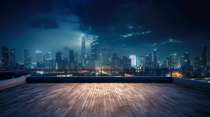 Panoramic view of city skyline at night from rooftop. Postproducted generative AI illustration.