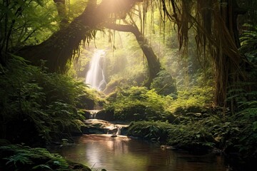 Nature's Symphony: Serene Waterfall Enveloped by Sunlit Forest, generative AI