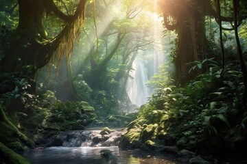 Gentle Waterfall Cascading Through a Sunlit Forest: Ethereal Background for Serene Nature's Symphony, generative AI