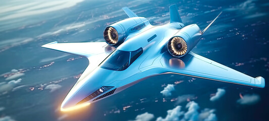 Supersonic jet with futuristic wing body. Postproducted generative AI illustration.
