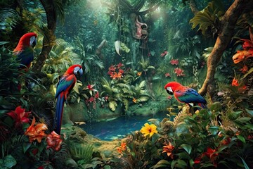Biodiverse Paradise: Exotic Background of Tropical Rainforest with Colorful Birds and Exotic Plants, generative AI