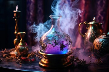 Obraz na płótnie Canvas Enchanting witchcraft potion on table, light smoke around, Generative AI