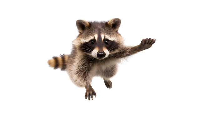 Raccoon, full body, jump, isolated background