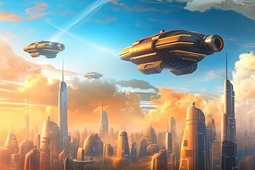 Fototapeta premium Futuristic Metropolis: Hovering Vehicles and Advanced Technology in Skylines, generative AI