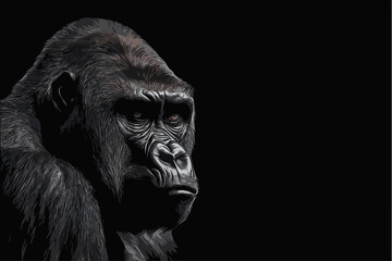 close-up illustration of a gorilla on a black background