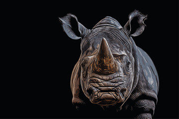 close-up portrait of a rhinoceros, front view on black background © adatheartist