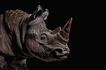rhino on black, close-up illustration of a rhinoceros seen in profile against a black background © adatheartist