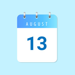 Daily calendar 13th of August month on white paper note.