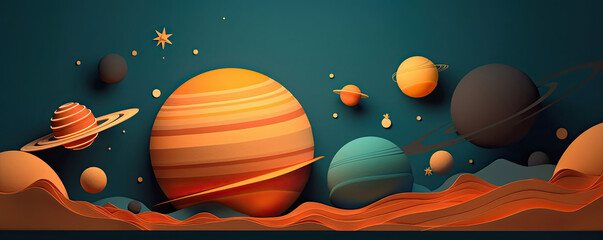 universe background, planets on a blue background, space illustration for child, AI