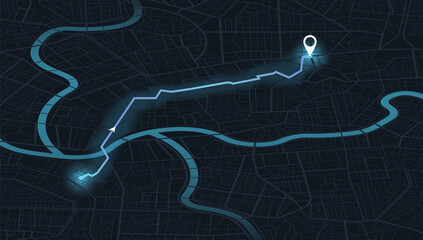 Navigate mapping technology dashboard GPS tracking map, showing movement on the streets of the city. Decorative graphic tourist map. Abstract transportation background. Vector illustration