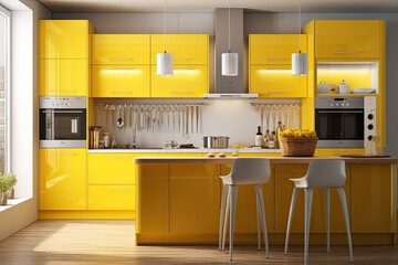 a contemporary kitchen equipped home's interior design. Vertical yellow and white room concepts background. Generative AI