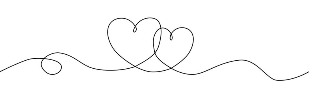 Two hearts with continuous hand line drawing of love sign. Minimal vector design.