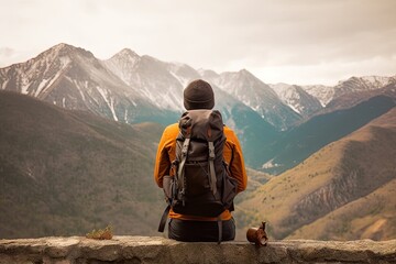 Thrilling hiking adventure. Active hiker with backpack exploring majestic mountains. Traveler challenge of mountain