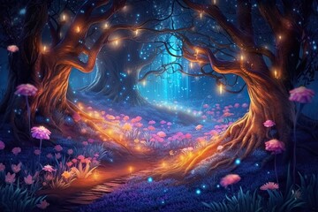 Obraz na płótnie Canvas Enchanted Forest: Glowing Fireflies, Whimsical Creatures, and Mystical Wonder � A Magical Background, generative AI