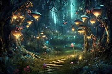 Mystical Wonder: Enchanted Forest Glowing with Fireflies and Whimsical Creatures, generative AI