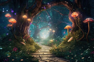 Fairy Tale Enchantment: Glowing Path & Whimsical Creatures in Enchanted Forest, generative AI