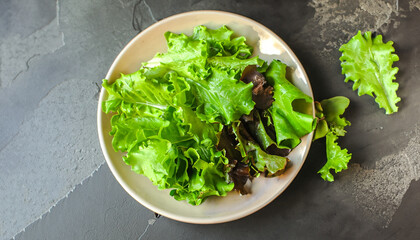 mix lettuce leaves salad in a plate (fresh green snack). food background. top