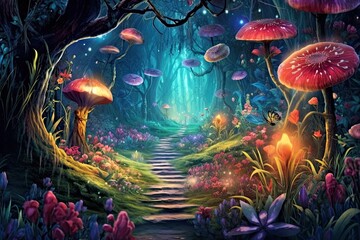 Enchanted Garden: Glowing Fireflies and Whimsical Creatures Illuminate Mystical Wonder, generative AI
