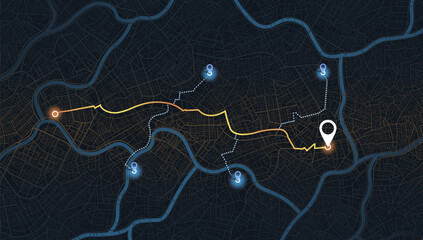 Location tracks dashboard. City street road. City streets, blocks, route distance data, path turns and destination tag, mark. Huge city top view. Composition of colorful lines and geometric elements