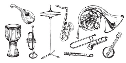 Set of french horn brass, trumpet, saxophone musical instruments vector illustration isolated. Double horn, mandoline, djembe, clarinet silhouette ink hand drawn. Black white element for design © Ekaterina Lanbina
