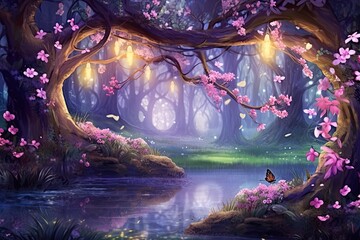 Enchanted Garden: Glowing Fireflies and Delicate Blossoms in a Whimsical Background, generative AI