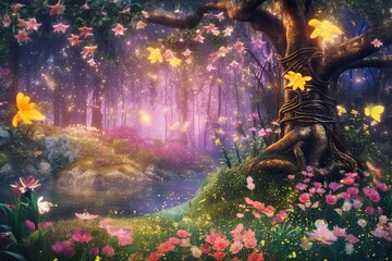 Enchanted Garden: Whimsical Beauty with Glowing Fireflies and Delicate Blossoms, generative AI