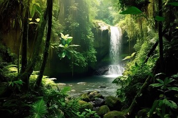 Nature's Grandeur: Majestic Waterfall Surrounded by Lush Greenery - A Breathtaking Display of Nature, generative AI