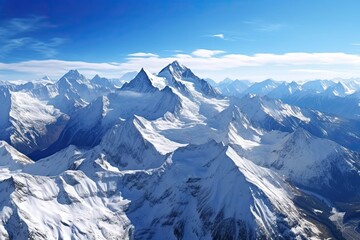 Obraz premium Alpine Grandeur: Majestic Background of Snow-Capped Mountain Peaks Against a Clear Blue Sky, generative AI