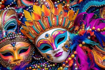 Colorful Parade Floats, Vibrant Masks, and Beads: A Festive Celebration of Carnival Spirit in Mardi Gras Background, generative AI