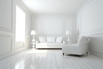 Fototapeta na wymiar Clean and Simple White Room with Sleek Furniture: Achieving Modern Elegance with a Minimalist Background, generative AI