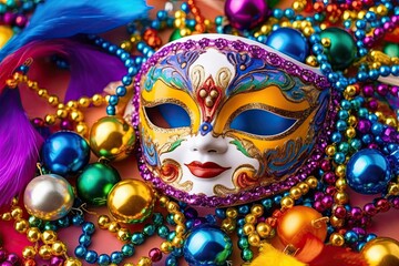 Vibrant Masks and Colorful Beads: A Festive Mardi Gras Celebration of Joyous Revelry and Carnival, generative AI - obrazy, fototapety, plakaty