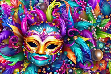 Vibrant Masks and Colorful Beads: A Joyous Mardi Gras Carnival Celebration, generative AI